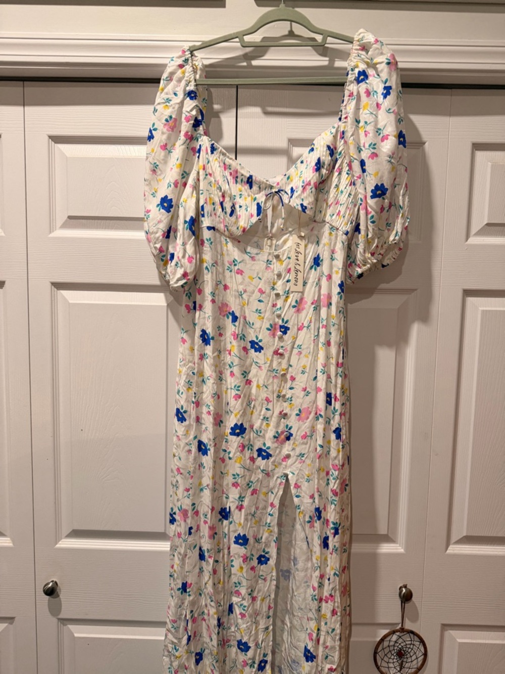 For Love & Lemons White Midi Dress with Blue and Pink Floral Print